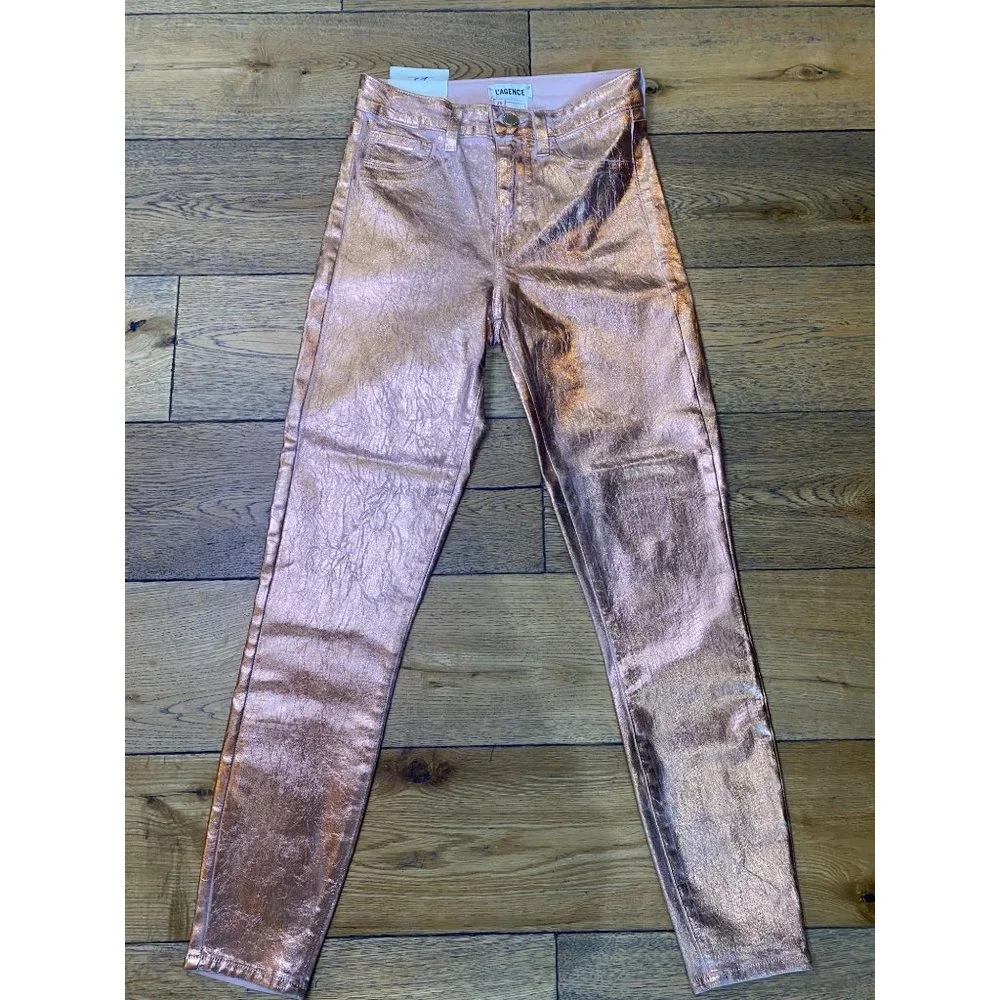 L'Agence Margot Light Rose Gold Foil High Rise Skinny Jeans Women's Size 25 - Picture 8 of 12